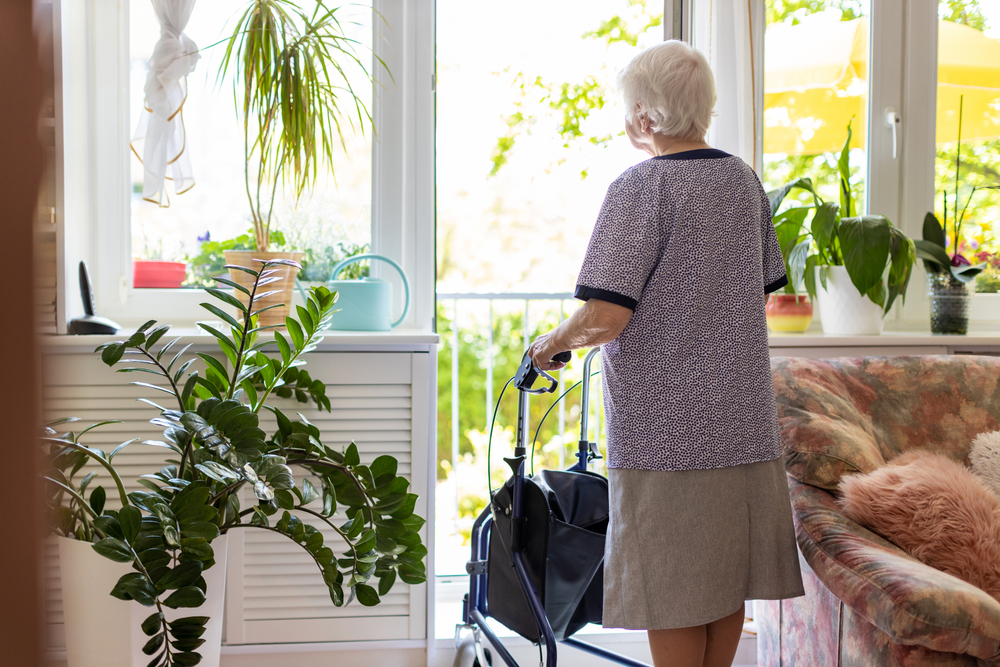 An elderly person stands with a walker, looking out of a large window