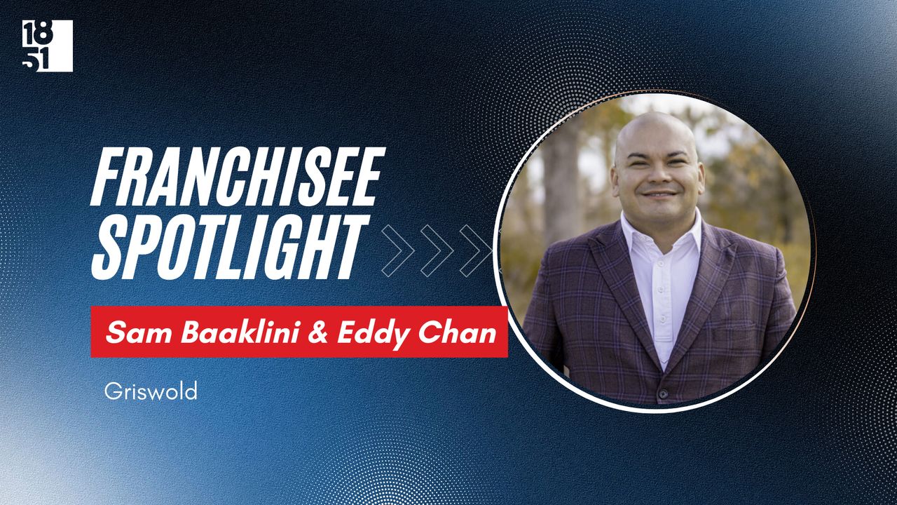 Graphic titled "Franchisee Spotlight" featuring a photo of a man in a suit. Text includes "Sam Baaklini & Eddy Chan" and "Griswold Home Care," highlighting their exceptional care pairing services.