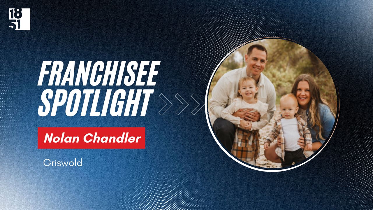 Image showing a Franchisee Spotlight featuring Nolan Chandler. There is a family photo with two adults and two young children to the right. The text mentions "Griswold," known for its home care services, under the name Nolan Chandler.