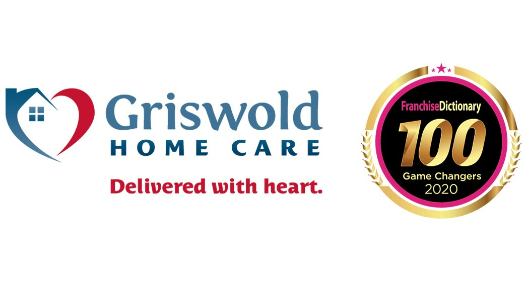 Griswold Home Care logo with the tagline "Delivered with heart" next to the Franchise Dictionary 100 Game Changers 2020 badge, highlighting their exceptional elder home care services.