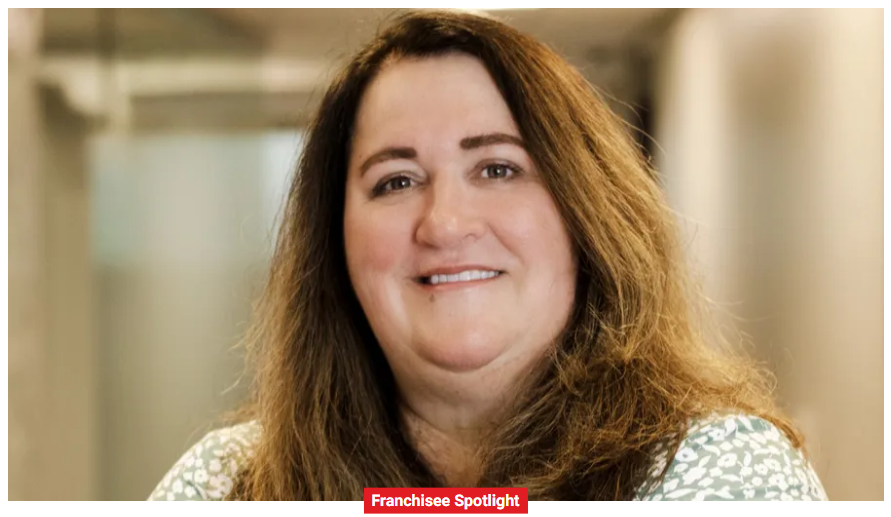 A woman with long brown hair and a patterned blouse smiles at the camera. The label "Franchisee Spotlight" is present at the bottom of the image, highlighting her dedication to providing exceptional home health care services.