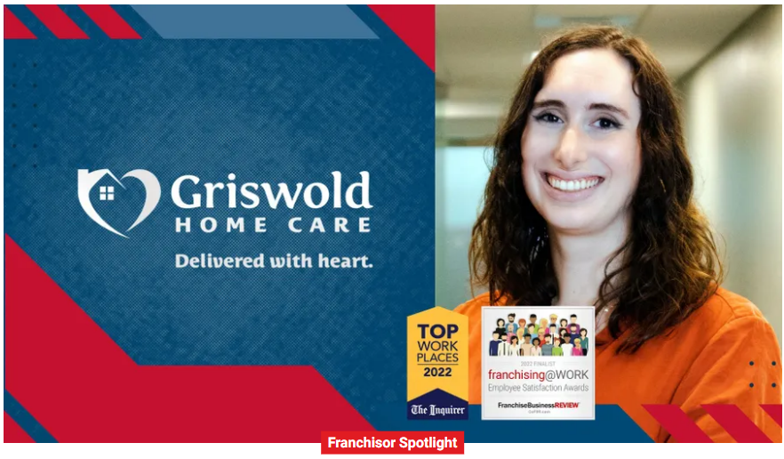 A person smiling next to the Griswold Home Care logo and awards for Top Work Places 2022 and Franchising@Work Employee Satisfaction Awards. Text: "Home care delivered with heart.