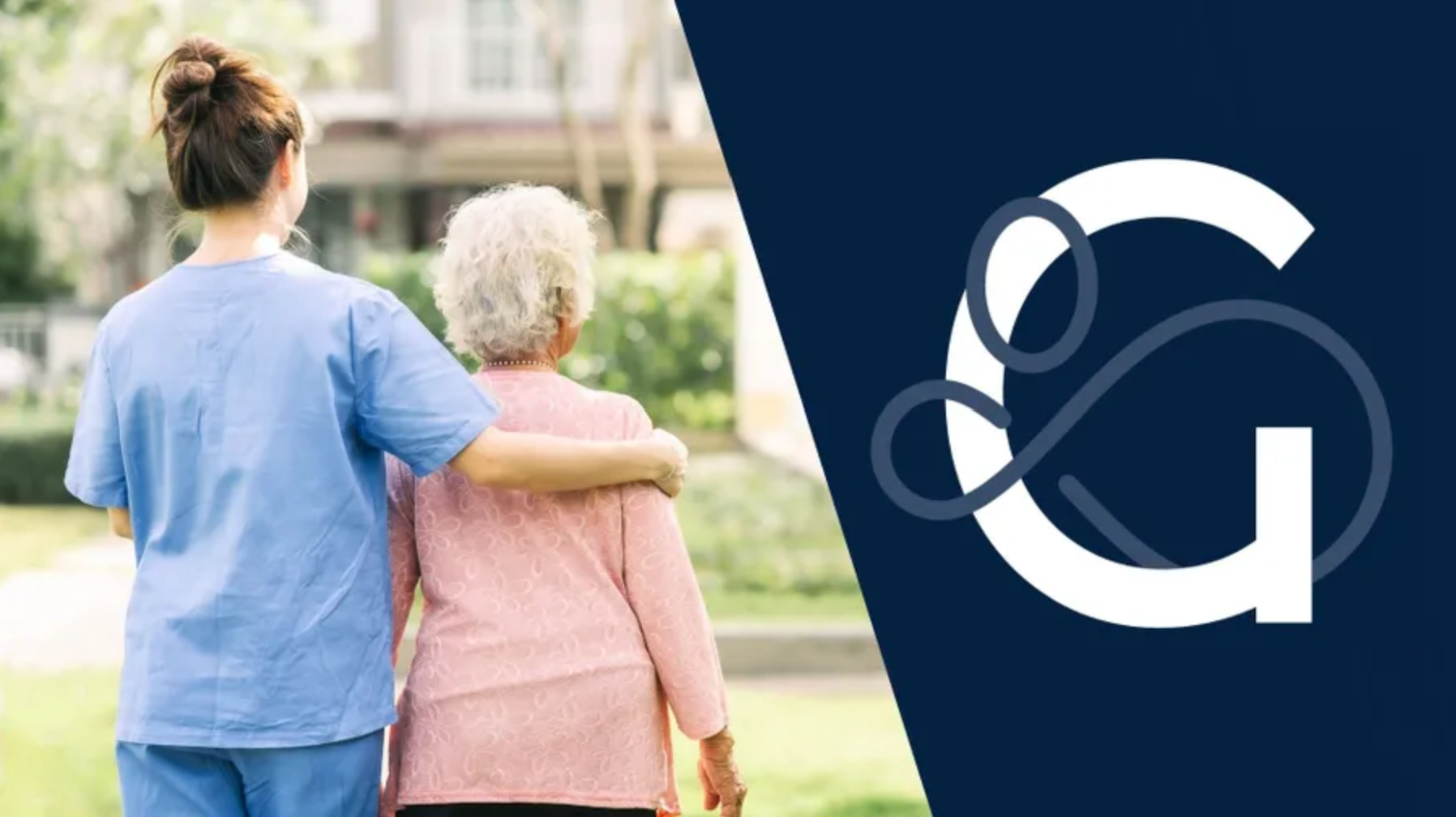 A healthcare worker in blue scrubs assists an elderly woman in a pink sweater while walking outdoors, highlighting the importance of caregiver services. The right side features an elegant "G" logo on a dark background.