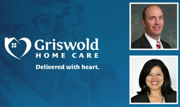 Logo for Griswold Home Care with the tagline "Delivered with heart." Two portraits are shown: one of a man in a suit and tie, and one of a woman with shoulder-length hair, reflecting their commitment to excellent home care.