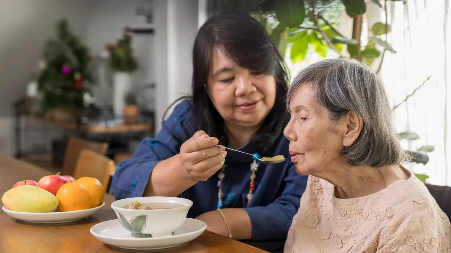 A woman provides home care by feeding an elderly woman with a spoon at a dining table, where a bowl of food and a plate of fruit are set.