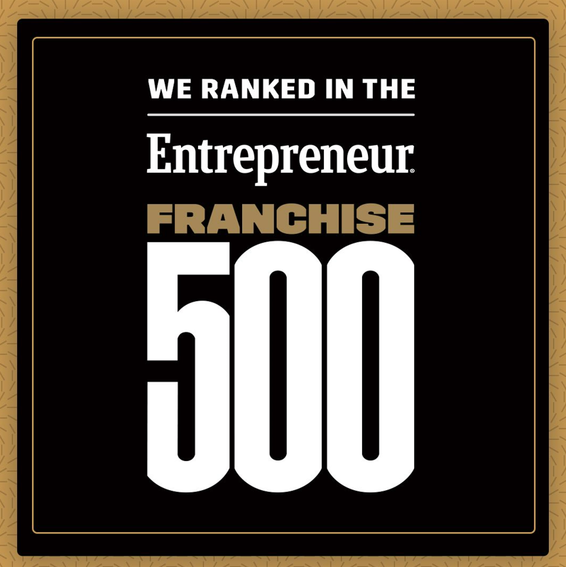 A black and gold graphic stating, "We ranked in the Entrepreneur Franchise 500 for our exemplary caregiver services.