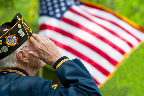 An elderly man in a military uniform salutes in front of a large American flag, symbolizing the honor and dedication that home health care services strive to provide.