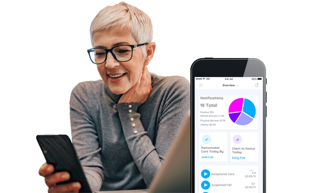 A woman with short gray hair and glasses looks at her smartphone. Next to her, a smartphone screen displays an app with charts and notifications.