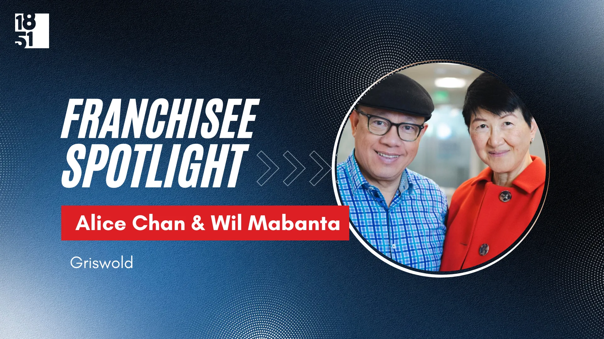 Two people pose together, smiling, with the text "Franchisee Spotlight: Alice Chan & Wil Mabanta, Griswold.