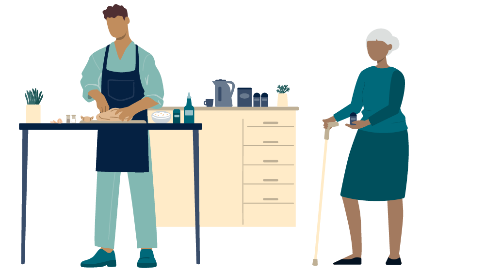 A person wearing an apron chops vegetables at a counter while an older person with a cane stands nearby, holding a cup.