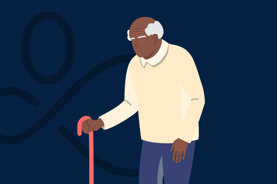 Illustration of an elderly man with white hair using a cane, wearing glasses, a cream-colored sweater, and blue pants, against a dark blue background.