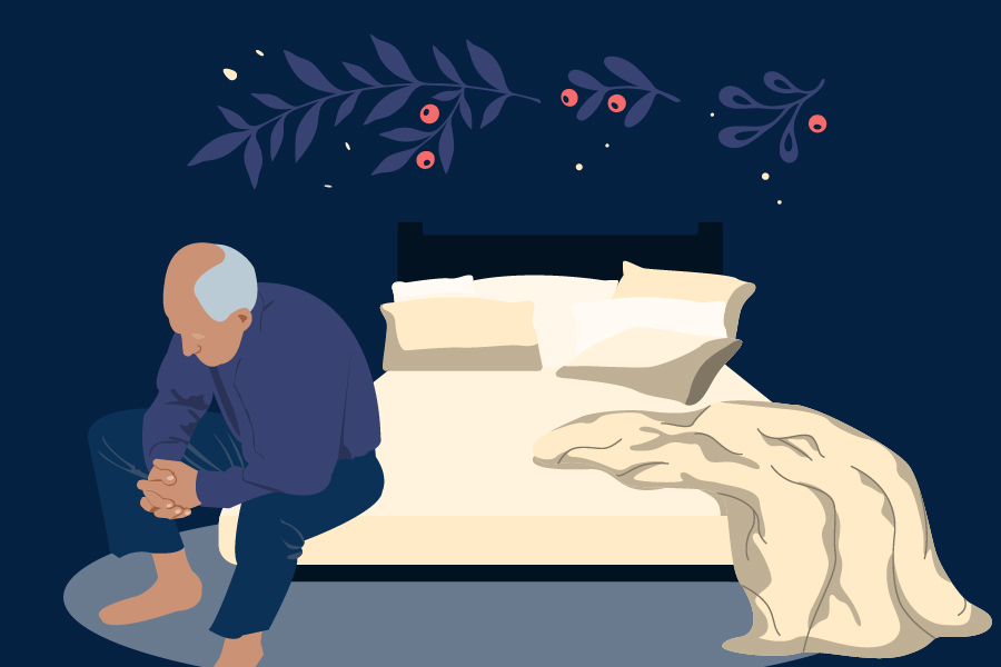 Illustration of an older man sitting on the edge of a bed in a dimly lit room, with decorative leaves and berries above the bed.